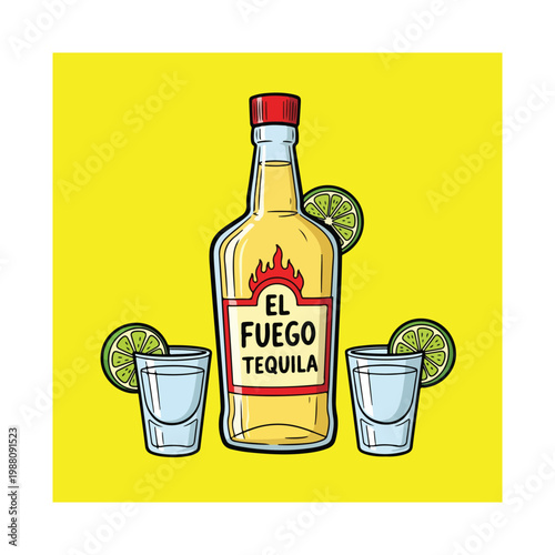 Tequila Bottle with Shot Glasses and Lime Slices - Vector Art