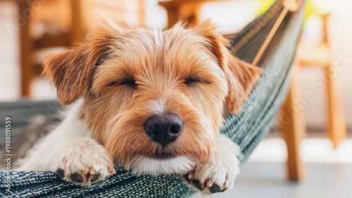 Adorable Dog Relaxing Comfortably on a Hammock with Eyes Closed in a Cozy Indoor Environment