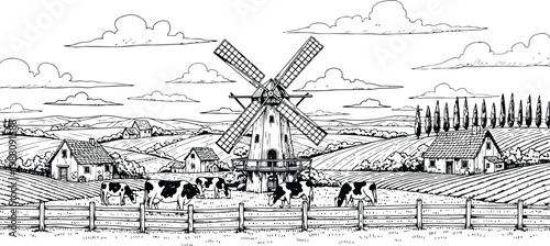 Rural Farm Landscape with Traditional Windmill and Grazing Cows Woodcut Illustration