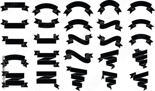 Collection of Black Ribbon Banners and Labels Isolated on White Background