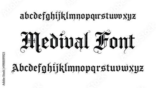 Medieval-style font showcasing both uppercase and lowercase alphabet characters Vector