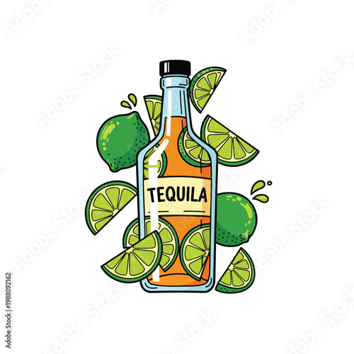 Tequila Bottle with Limes - Festive Drink Illustration