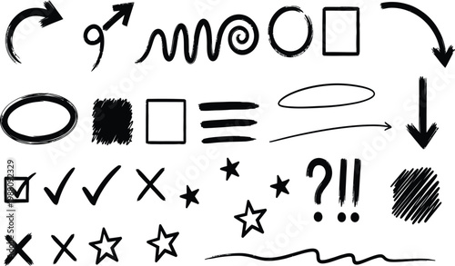 Hand Drawn Arrows, Shapes, Checkmarks, and Question Marks Icons Set