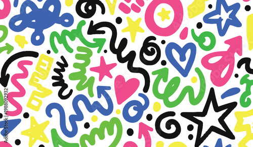 Vibrant Memphis Style Doodle Pattern with Abstract Shapes and Symbols