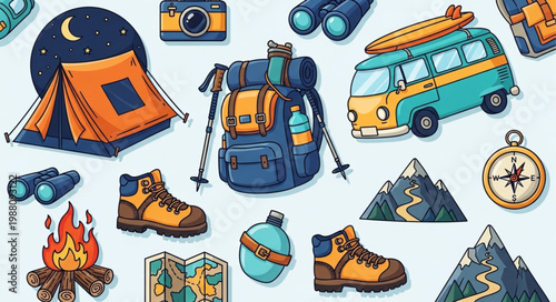 Camping and Hiking Gear Collection Illustration.