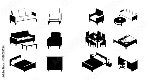 furniture, isometric, front view, 3d, interior, chair, table, modern, vector, design
