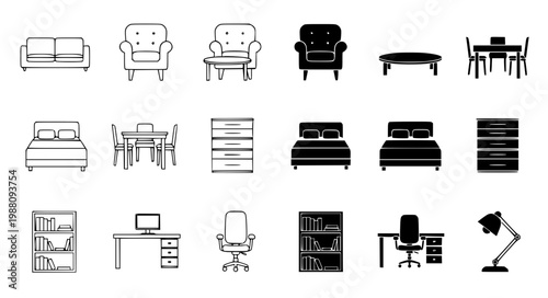Furniture Icons Vector – Outline & Solid Interior Set