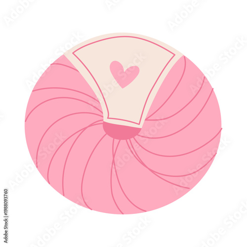 Pink round skein of embroidery threads with heart-shaped label. Quilting.Cotton threads for cross stitch and needlework. Concept of hand sewing and embroidery. Clipart of needlework, creative hobby, i
