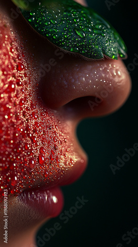 Extreme Macro of Person Nose with Fresh Strawberry Texture and Water Droplets, Surreal Beauty Concept