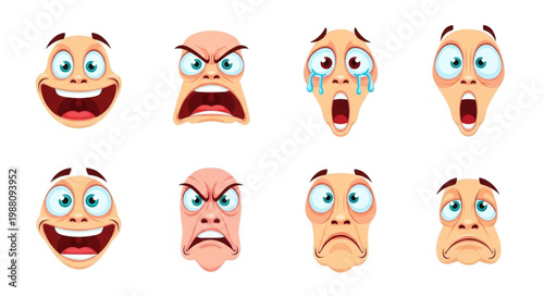 Diverse Cartoon Faces Expressing Various Emotions.