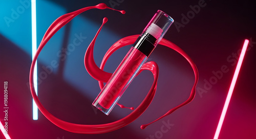 Vibrant Red Liquid Makeup Bottle with Dynamic Splash Effect - Beauty and Cosmetics