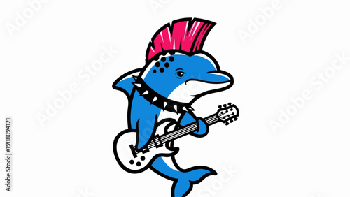 Cartoon Punk Dolphin Playing Electric Guitar.