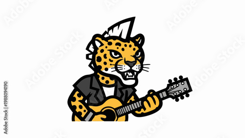 Cartoon Punk Rock Leopard Playing Acoustic Guitar.