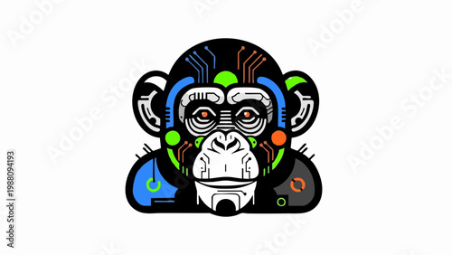 Cybernetic chimpanzee head with digital circuit patterns.