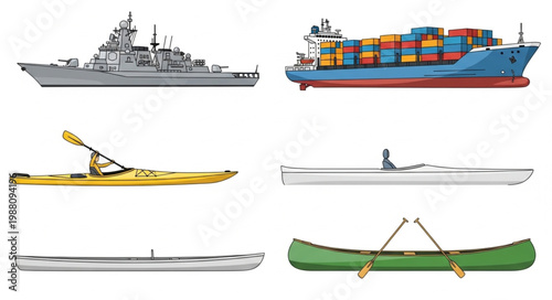 Collection of various boats and watercraft on white background.