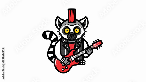 Cartoon punk rock lemur character playing electric guitar.