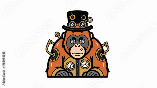 Steampunk orangutan wearing a top hat with gears and mechanical gauges.