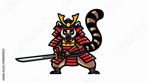 Cute Lemur Samurai Warrior Mascot Illustration.