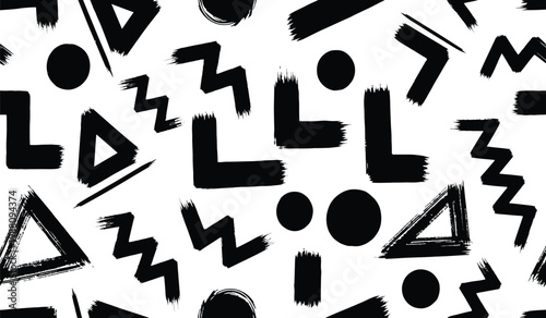 Retro Memphis Pattern: Black Geometric Shapes on White Background