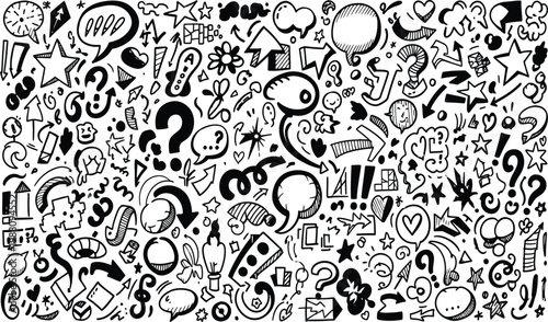 Hand-drawn Doodle Elements: Speech Bubbles, Symbols, and Questions