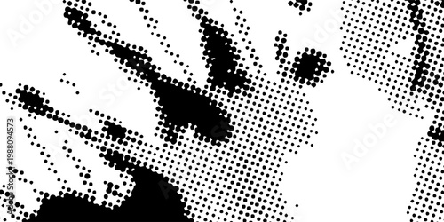 Abstract black and white halftone grunge background with bold dotted texture and splatter effect, modern vector design for edgy digital, print, and creative projects