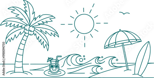 Summer beach scene palm trees surfboard and sun a relaxing summer getaway
