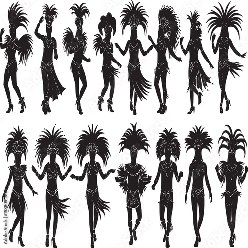 Silhouette of tribal dancers with feather headdresses performing cultural celebration in black and white
