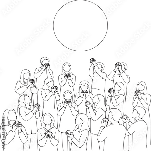 Diverse group of people in contemplation under spotlight, minimalist illustration for mental health awareness