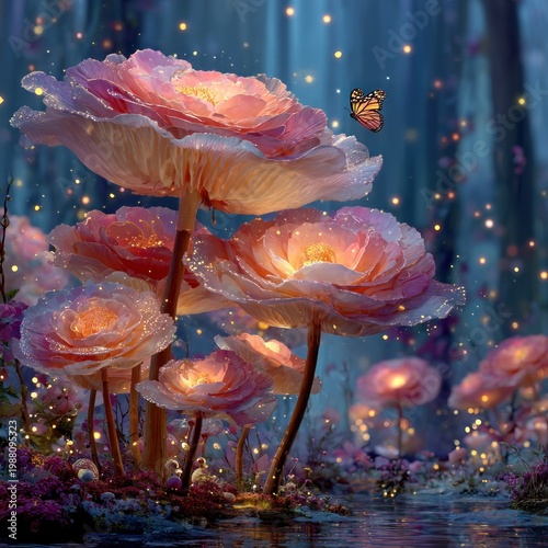 Fairytale forest scene with giant, glowing, floral-like mushrooms