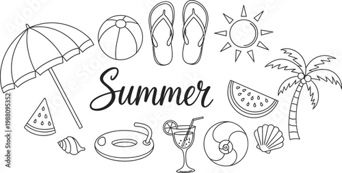 Summer vibes beach essentials sketch with sun watermelon and tropical elements