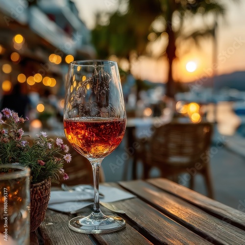Glass of wine on table, warm sunset over water and a seaside restaurant