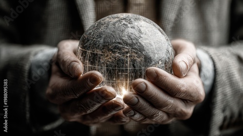 Man's hands cradle a glowing globe with interconnected lines