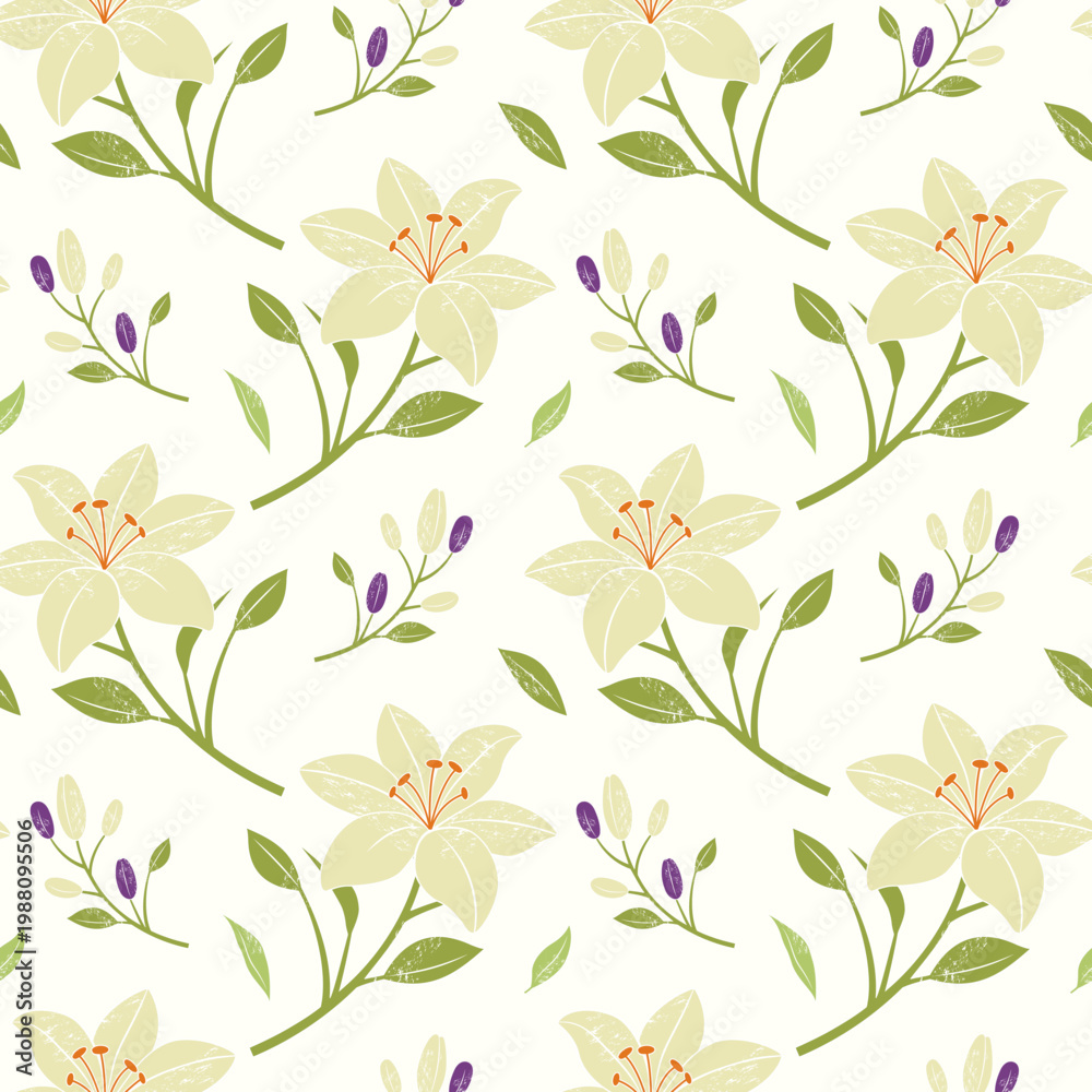 Obraz premium Lily seamless pattern with flowers, leaves and buds. Minimalist flat floral background in beige with texture