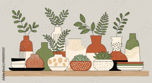 Decorative ceramic vases and potted plants on a wooden shelf.