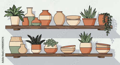 Decorative pottery and potted plants displayed on wooden shelves.