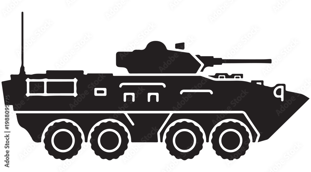 Fototapeta premium Armored personnel carrier silhouette vector illustration for military defense and combat vehicle icon