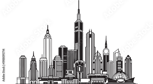 Modern city skyline silhouette vector illustration with skyscrapers and urban towers for architectural design