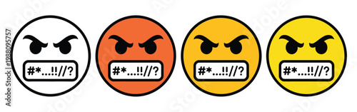 Four emoji faces showing frustration and anger emotions in flat design, vector illustration set representing negative user feedback, stress, dissatisfaction, and emotional response indicators