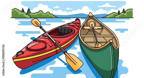 Two boats kayak and canoe on water with paddles.