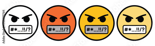 Four emoji face icons showing frustration and anger in flat design style, vector illustration for negative emotion feedback, surveys, reviews, user experience evaluation, and communication design.
