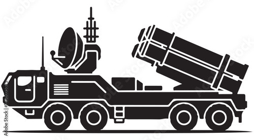 Military missile launcher vehicle with radar dish silhouette vector illustration for defense and tactical concepts