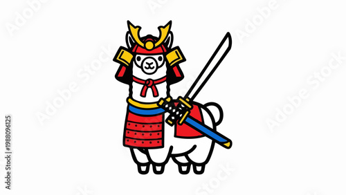 Cute Cartoon Llama Samurai Warrior Character.