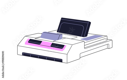 Retro 8 bit videogame console. Device of 90s to play 8bit video games with cartridges. Old gamers' equipment. Appliance for players. Flat isolated outline vector illustration on white background