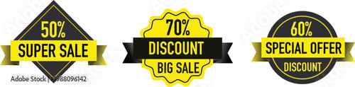 Set of premium quality sale badges with ribbons and geometric shapes for special discount offer labels
