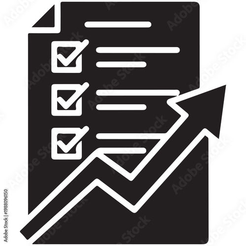 Business growth and task completion icon with checklist and upward arrow flat design for progress tracking and data analysis