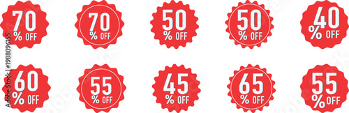 Set of red starburst discount stickers with various percentage off from 40 to 70 percent for retail promotion