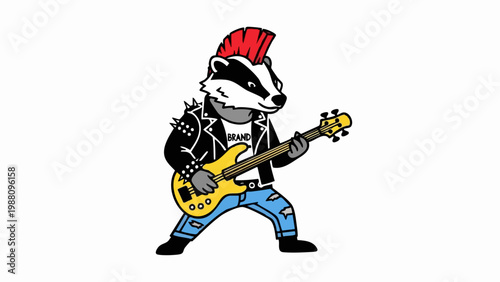 Cartoon punk badger playing electric bass guitar.