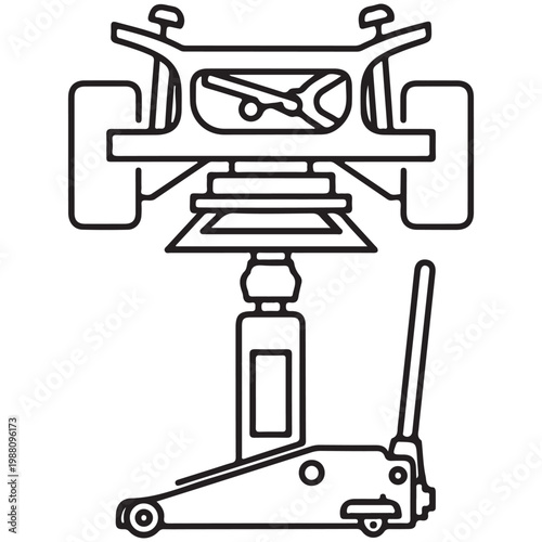 Vector line art illustration of a hydraulic floor jack lifting a vehicle chassis for automotive repair and maintenance