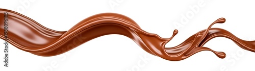 Luxurious flowing chocolate splash with a smooth, glossy texture and rich brown tones, presented on a clean white background, creating an elegant and delectable visual.
