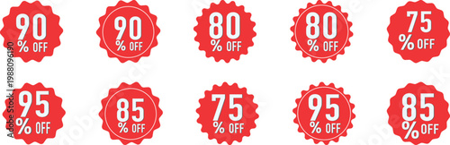 Set of red starburst discount stickers with high percentage off from 75 to 95 percent for clearance sales